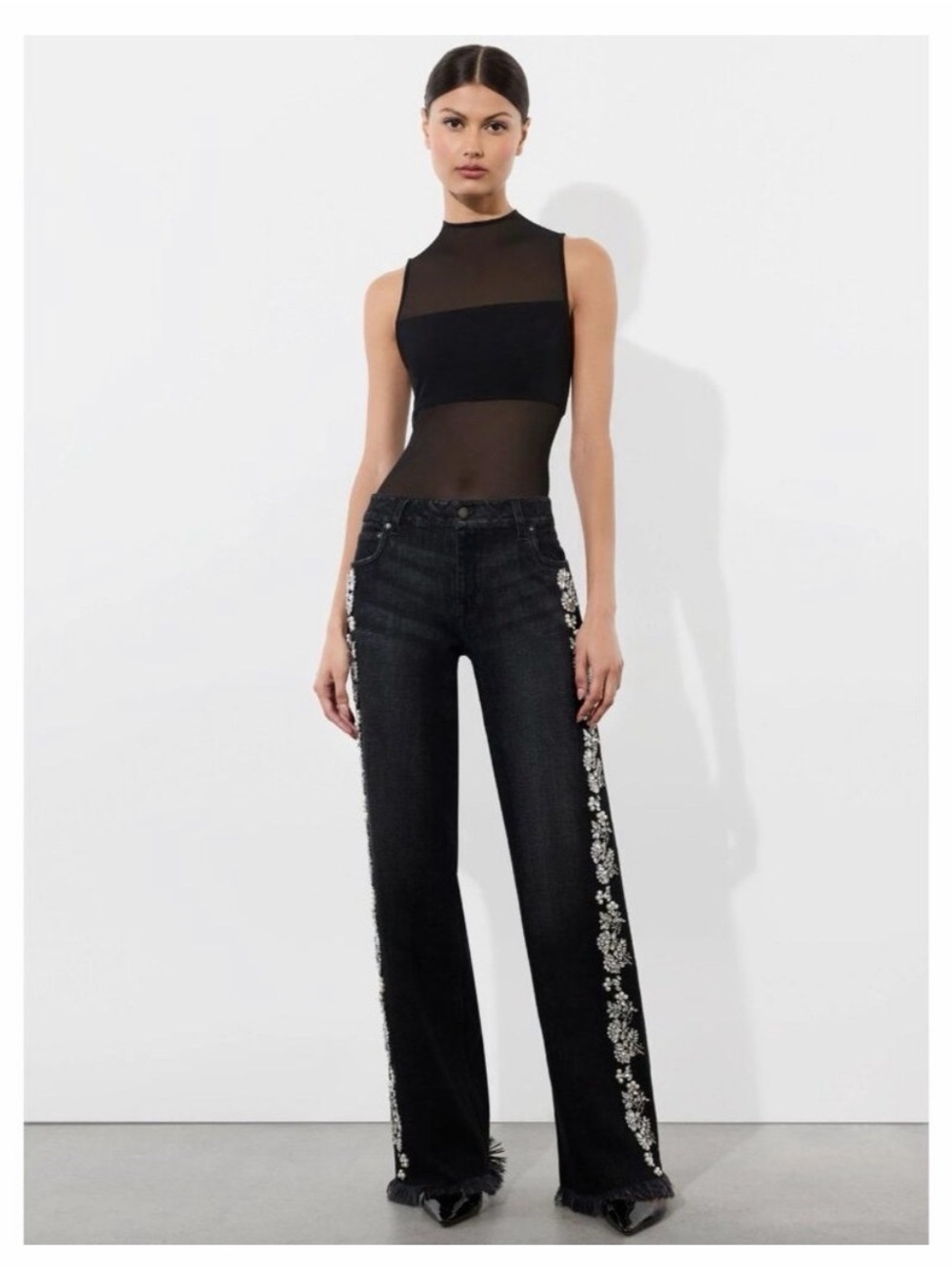 Alice + Olivia Black Wide-Leg Jeans with Silver Floral Embellishments - Picture 2 of 6